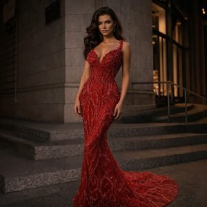 Red evening dress with beaded shoulder straps