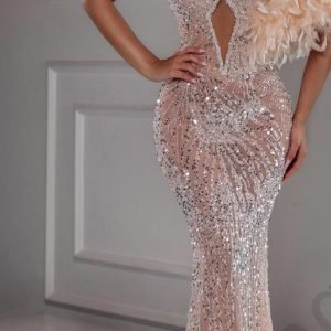 White sequin and beaded evening gown with embellishment