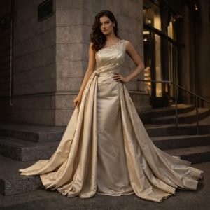 Duchess bridal satin evening gown embellished with Chrystal’s