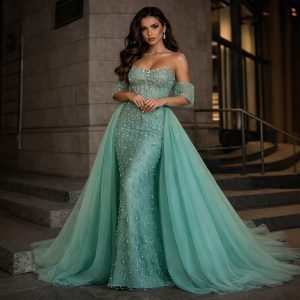 Heavily embellished diamond encrusted evening gown in sage and nude colours