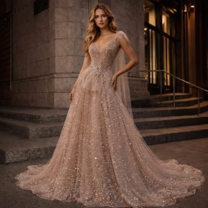 Sheer beaded evening dress in nude pink