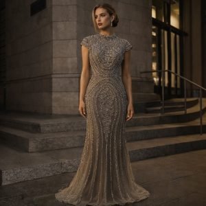 Silver short sleeve mesh beaded evening gown